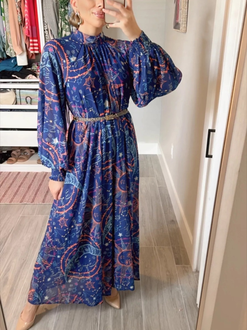 AURA Astrology Zodiac Sign Blue Printed Long Sleeve Maxi Dress